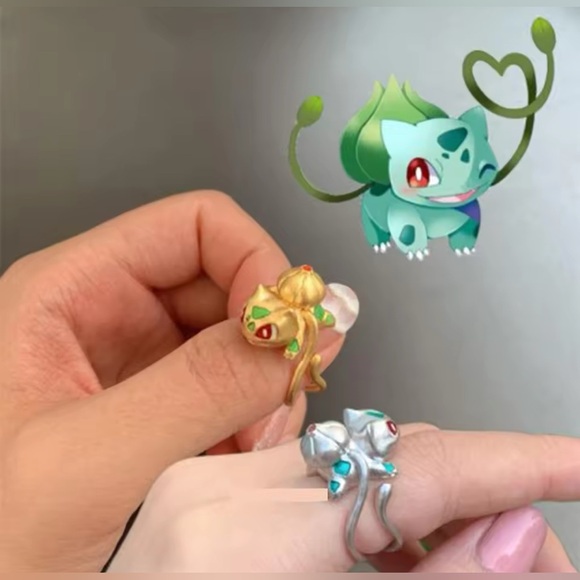 18K Gold Pokemon Bulbasaur Wrap Around Vines Open Adjustable Size Ring - Picture 2 of 4